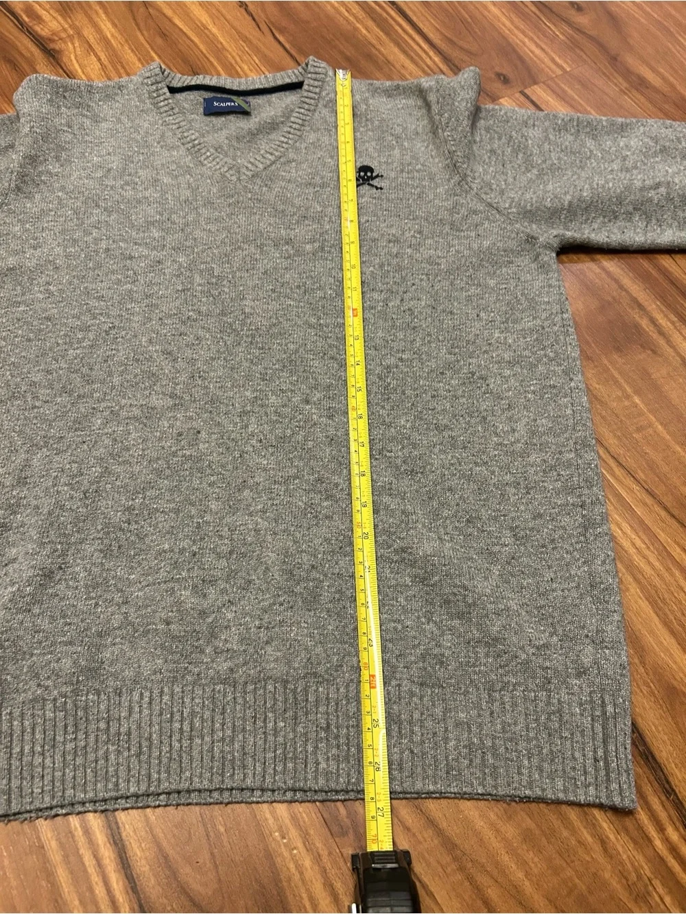 Scalpers Men’s Wool V Neck Grey Skull Logo With Patches On Arm XL
